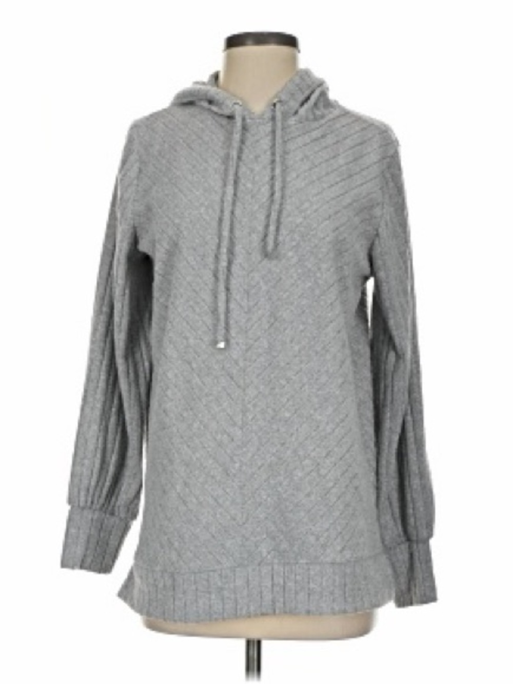 Nine West Grey Diagonal Ribbed Knit Pullover Hoodie Sweater - Size L